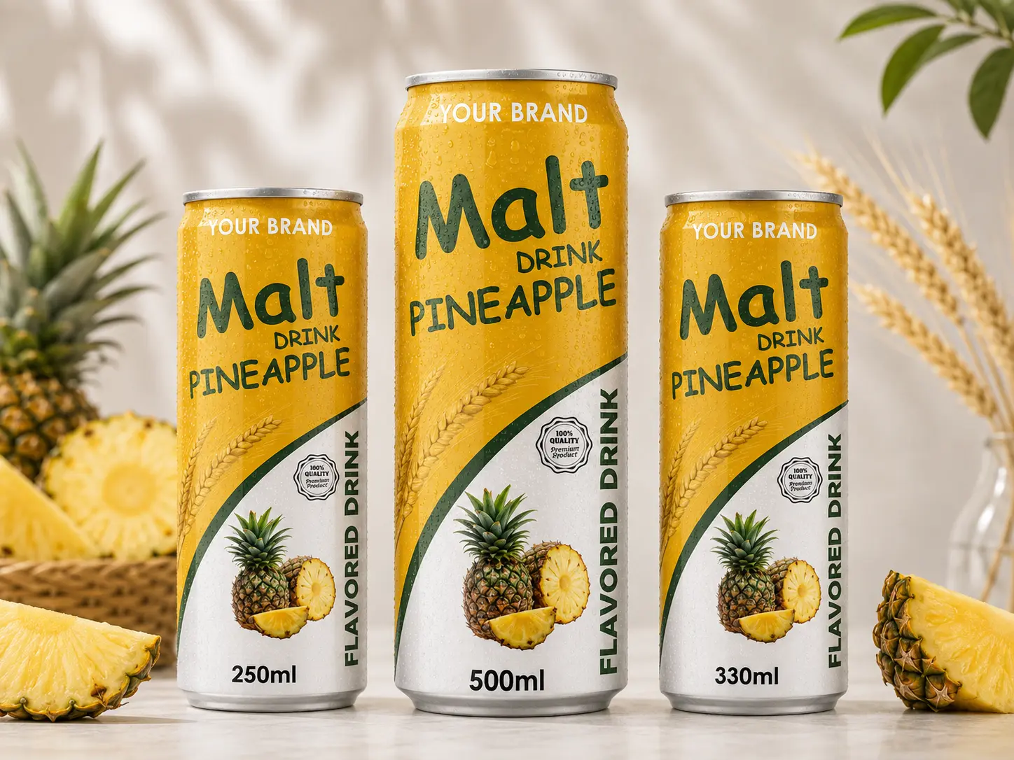 MALT DRINK Pineapple flavour in 250ml, 330ml and 500ml cans.